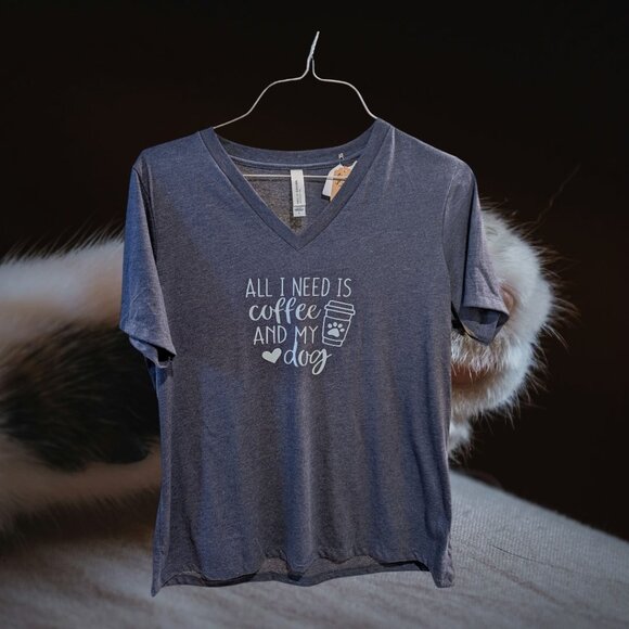 Women’s V-Neck T-Shirt – All I Need is Coffee and My Dog – Grayish Blue – Size L - Picture 2 of 3